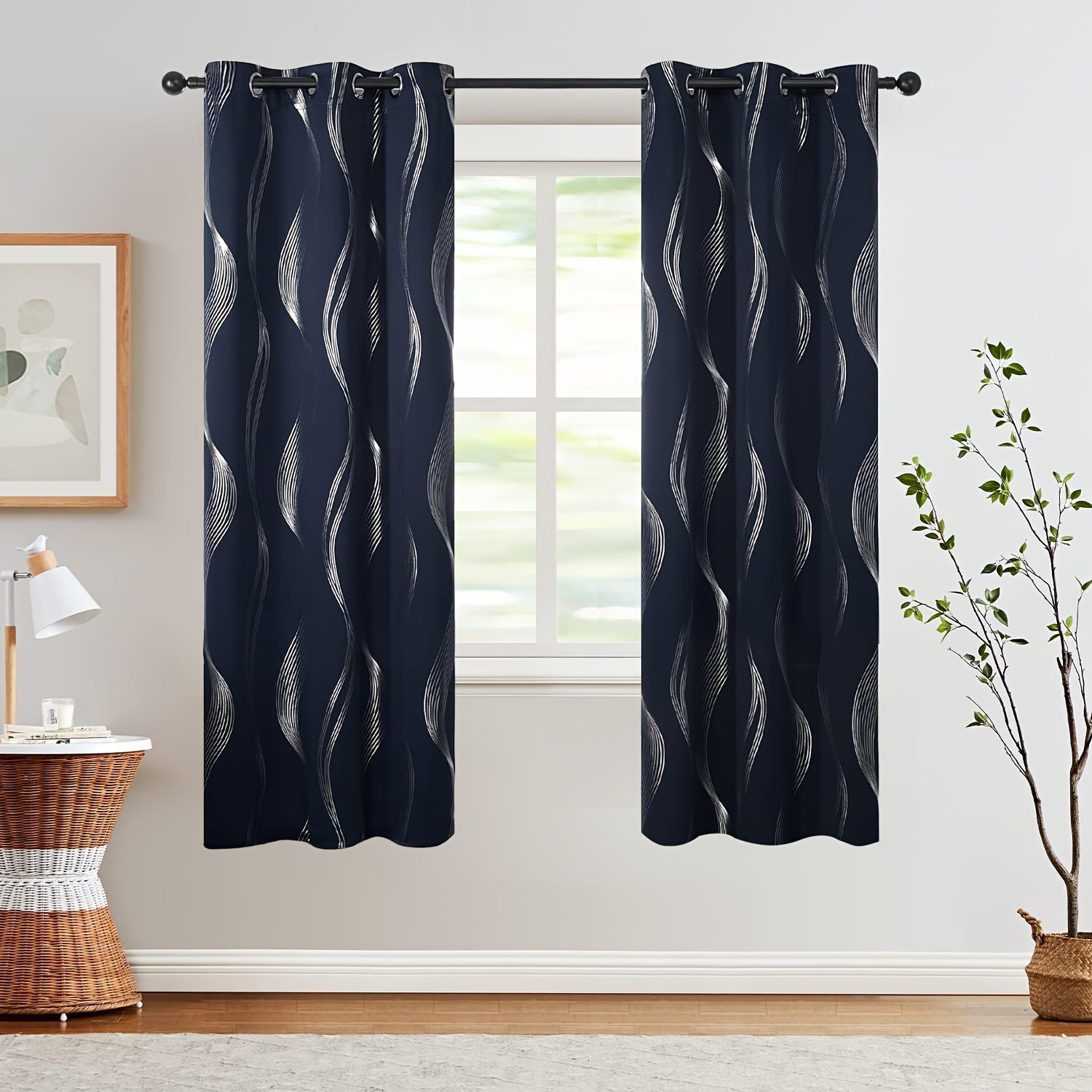 Contemporary Blackout Curtains 2 Pieces Woven Polyester Grommet Top Room Darkening