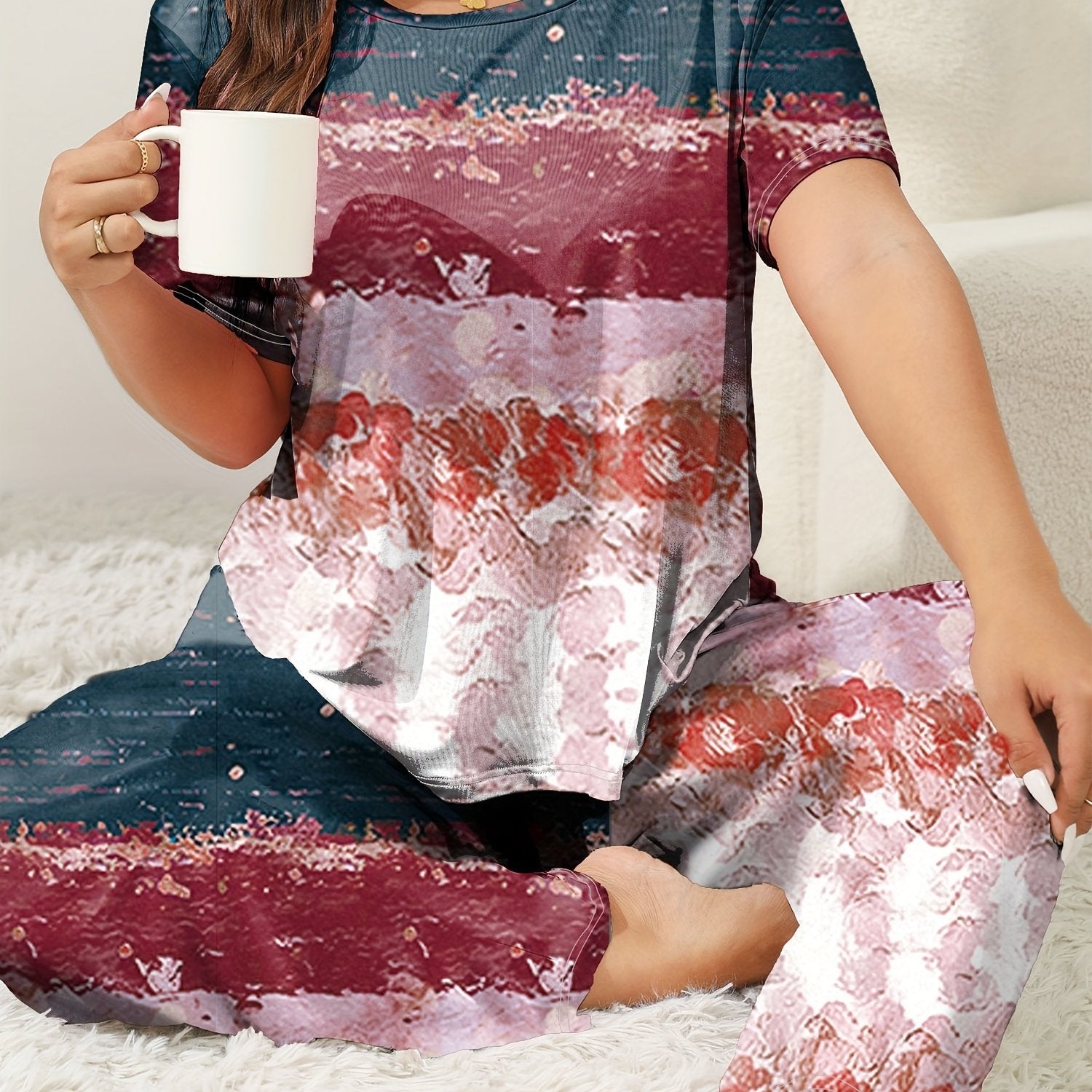 Women's Plus Size Lounge Pajama Set Short Sleeve Crew Neck Painting Print