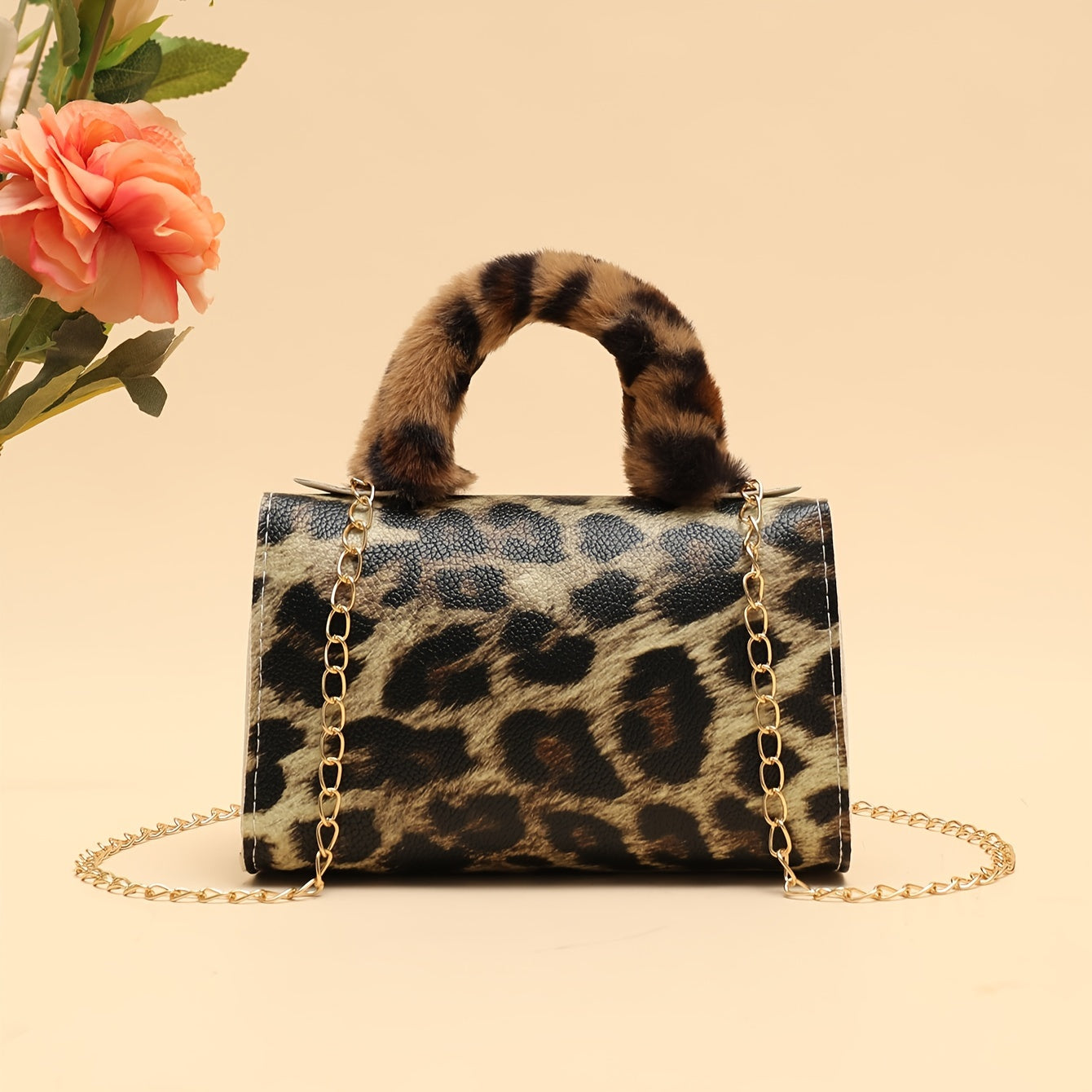 Furry Chain Crossbody Bag with Animal Print and Removable Strap for Daily Use