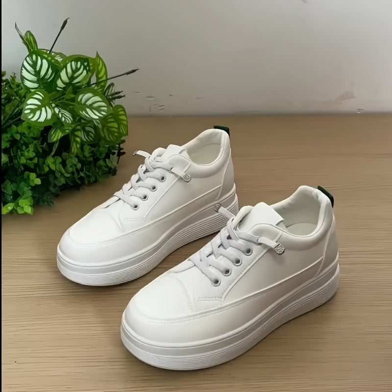 Women's White Sneakers with Inner Height Increase Casual Low-Top Lace-Up Shoes