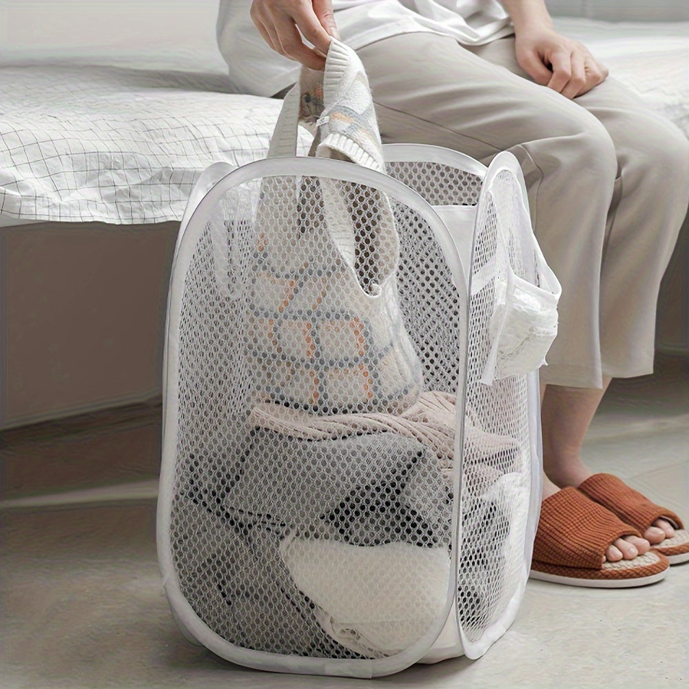 Round Mesh Laundry Hamper with Handles Collapsible Durable Polyester Fiber Storage Bin