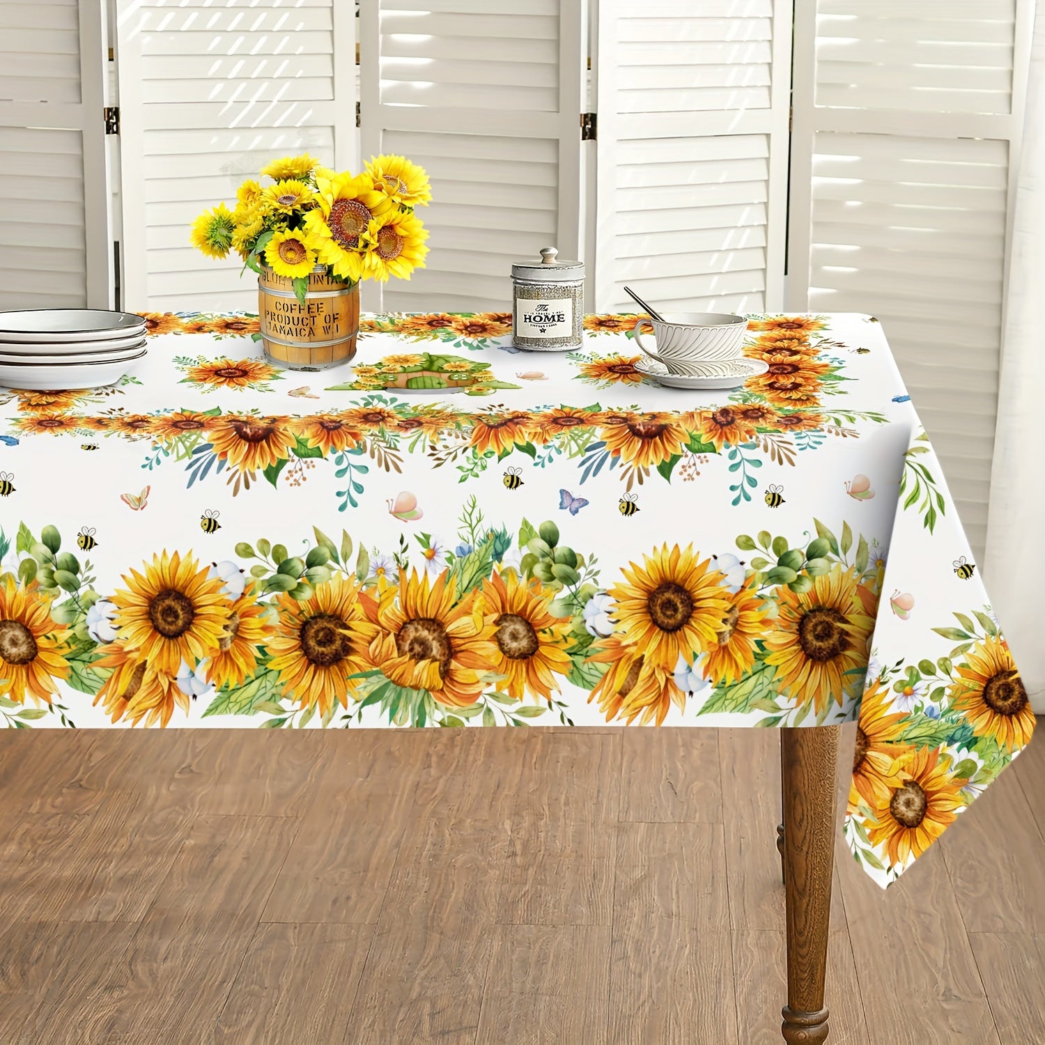 Sunflower Round Tablecloth with Floral Design Butterflies Bees Stain-Resistant Polyester Farmhouse Style for Kitchen Dining Picnic
