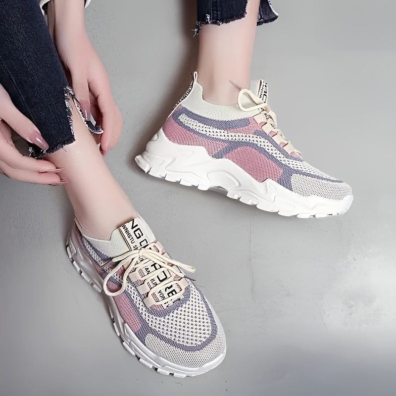 Women's Knit Sneakers Color-Block Low-Top Running Shoes Lightweght Fabric