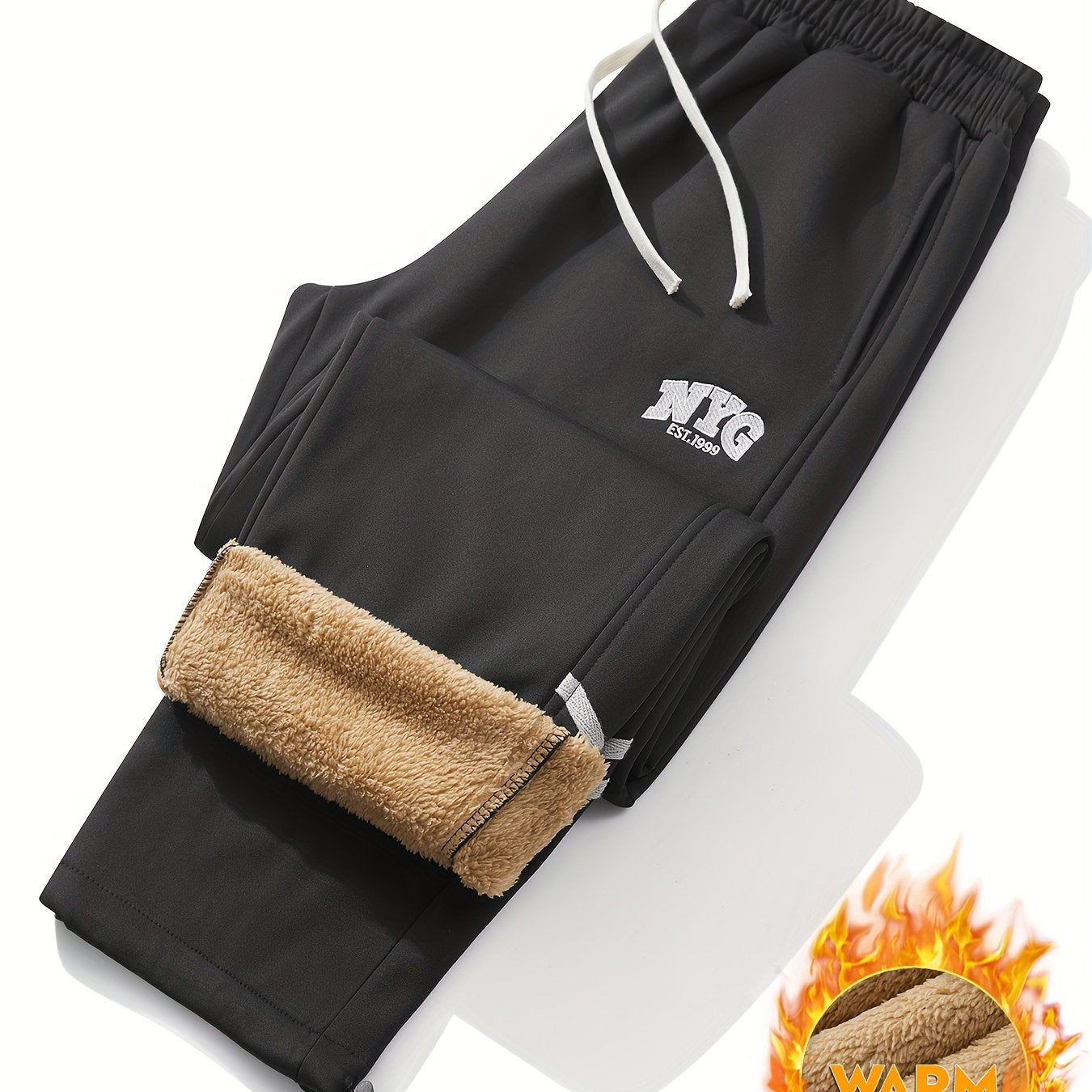 Men's Fleece-Lined Drawstring Joggers Black Plus Size Winter Sweatpants