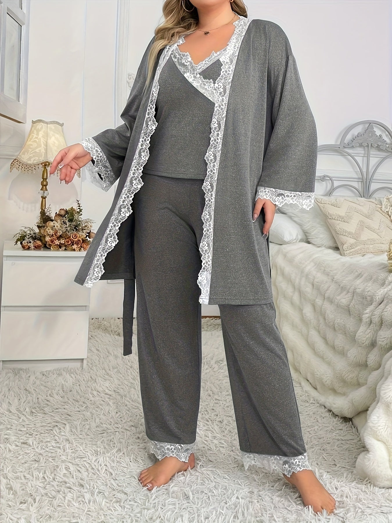 Plus-Size Women's Sleeveless V-Neck Lace Top with Cardigan and Pants Set