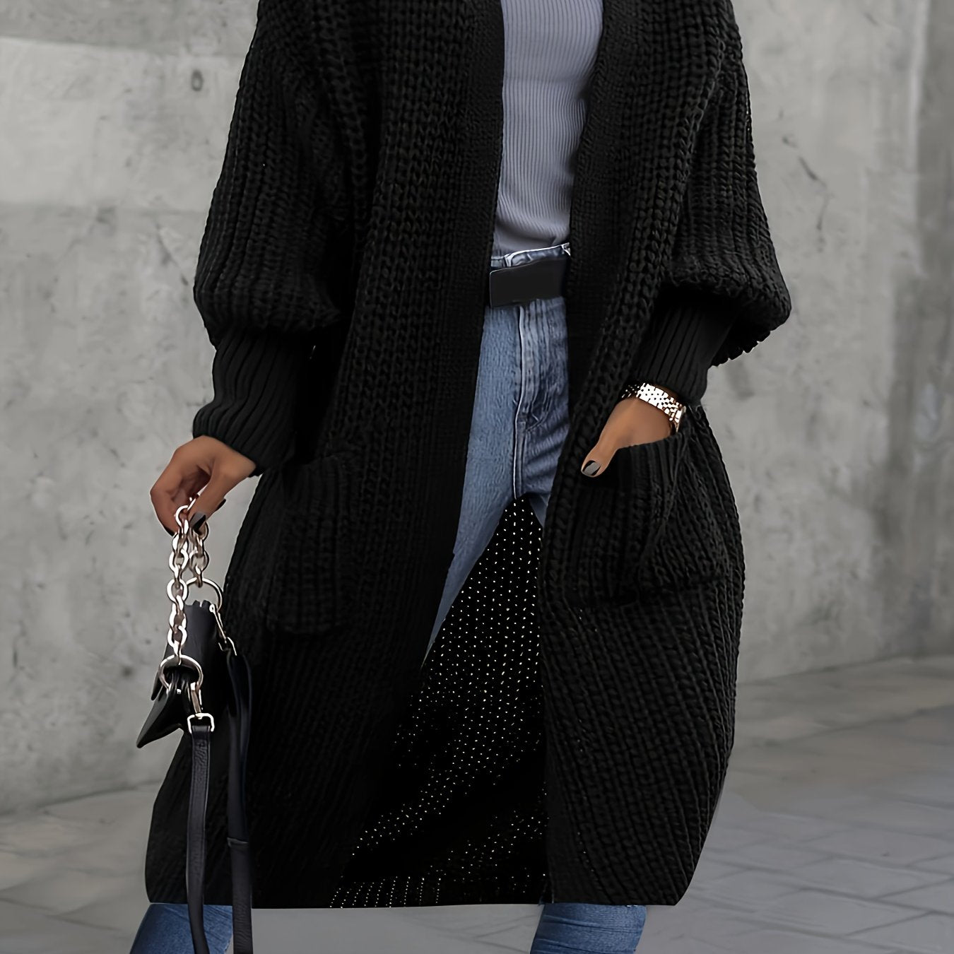 Plus Size Women's Open Front Cardigan Long Sleeve Pockets Fall Winter Fashion