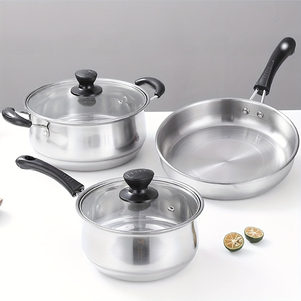 Three-Piece Stainless Steel Cookware Set Soup Pot Milk Pot Fryer Kitchen Use