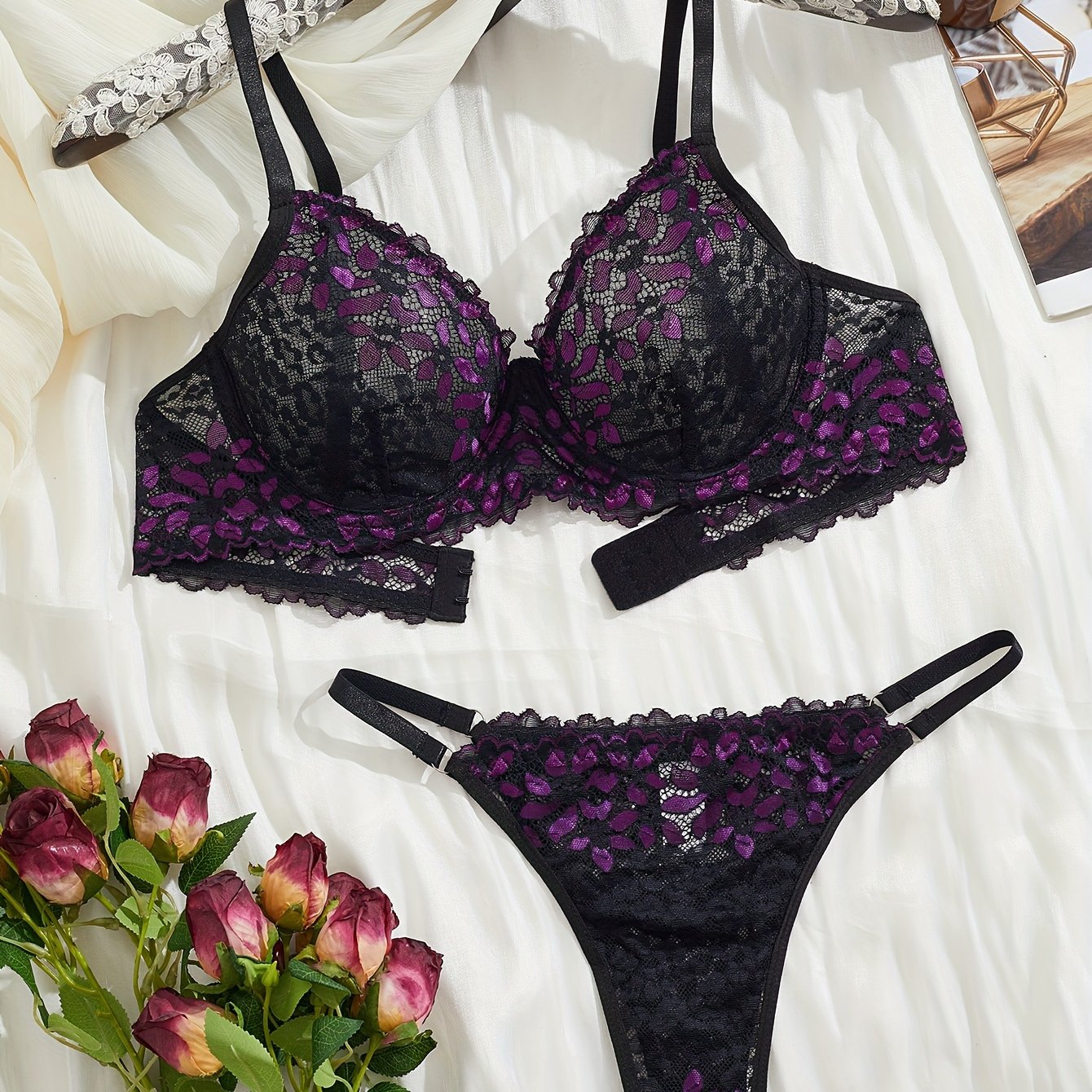 Lingerie Set Floral Lace Semi-Sheer Comfortable Sexy Bra and Panty