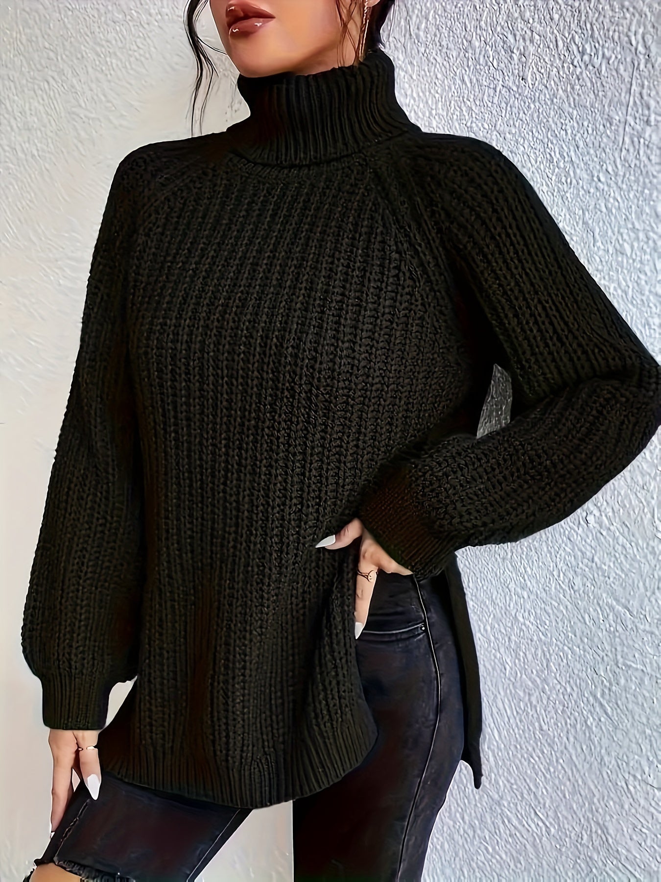 Suéter de punto de cuello alto para mujer talla grande de manga larga, casual para otoño e invierno