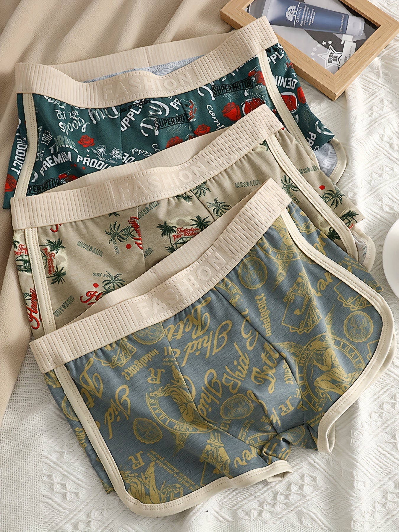 Set of 3 Men's Comfort Fit Boxer Briefs with Geometric Print Cotton Spandex