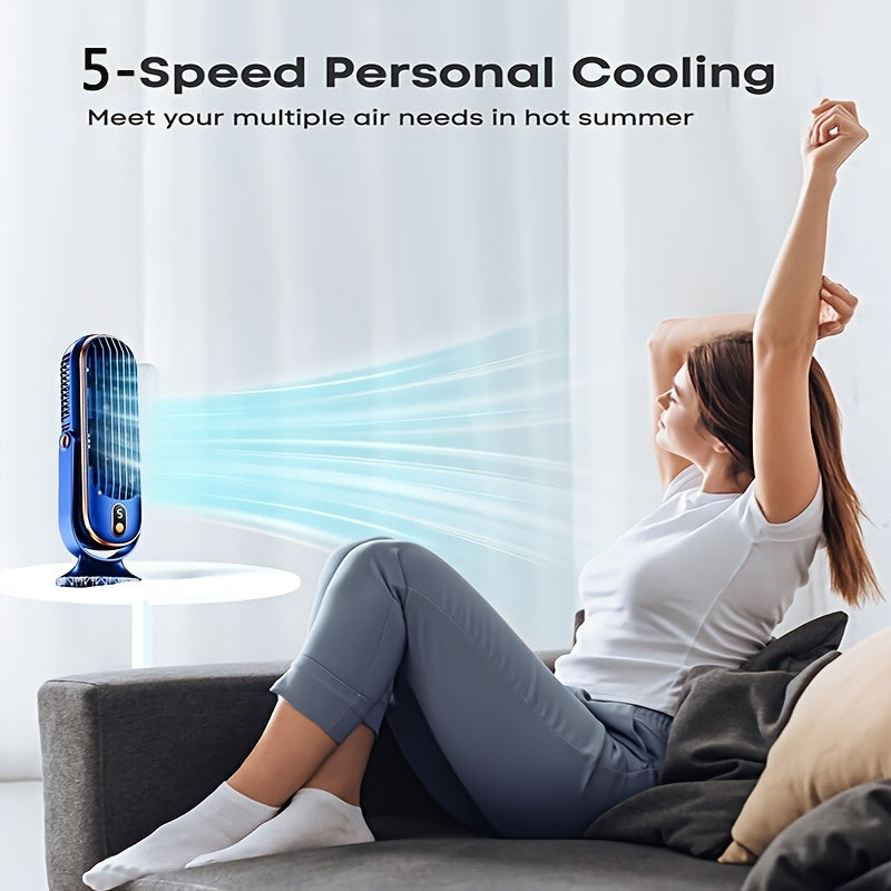 Travel Desktop Fan with LED Display, Five Speeds, USB Rechargeable, Portable Cooling
