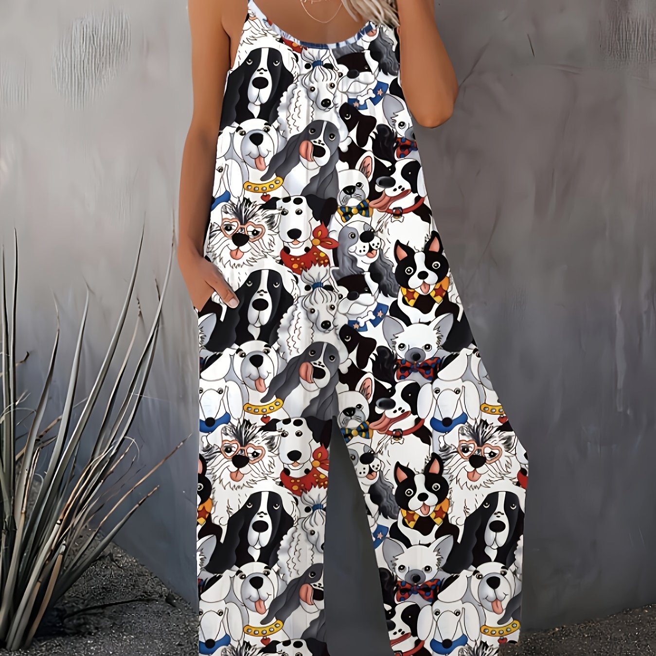 Plus Size Women's Dog Print Jumpsuit Sleeveless Romper with Pockets