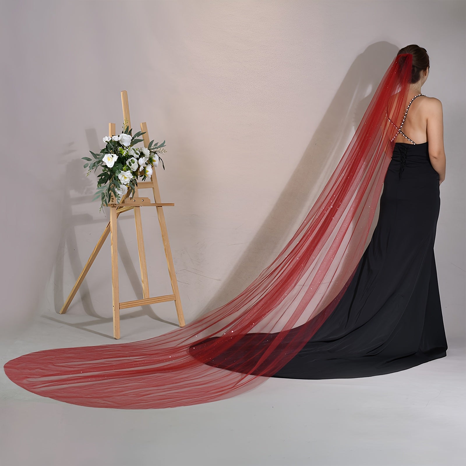 Red Bridal Veil with Golden Stitching Nylon Mesh for Wedding and Performance