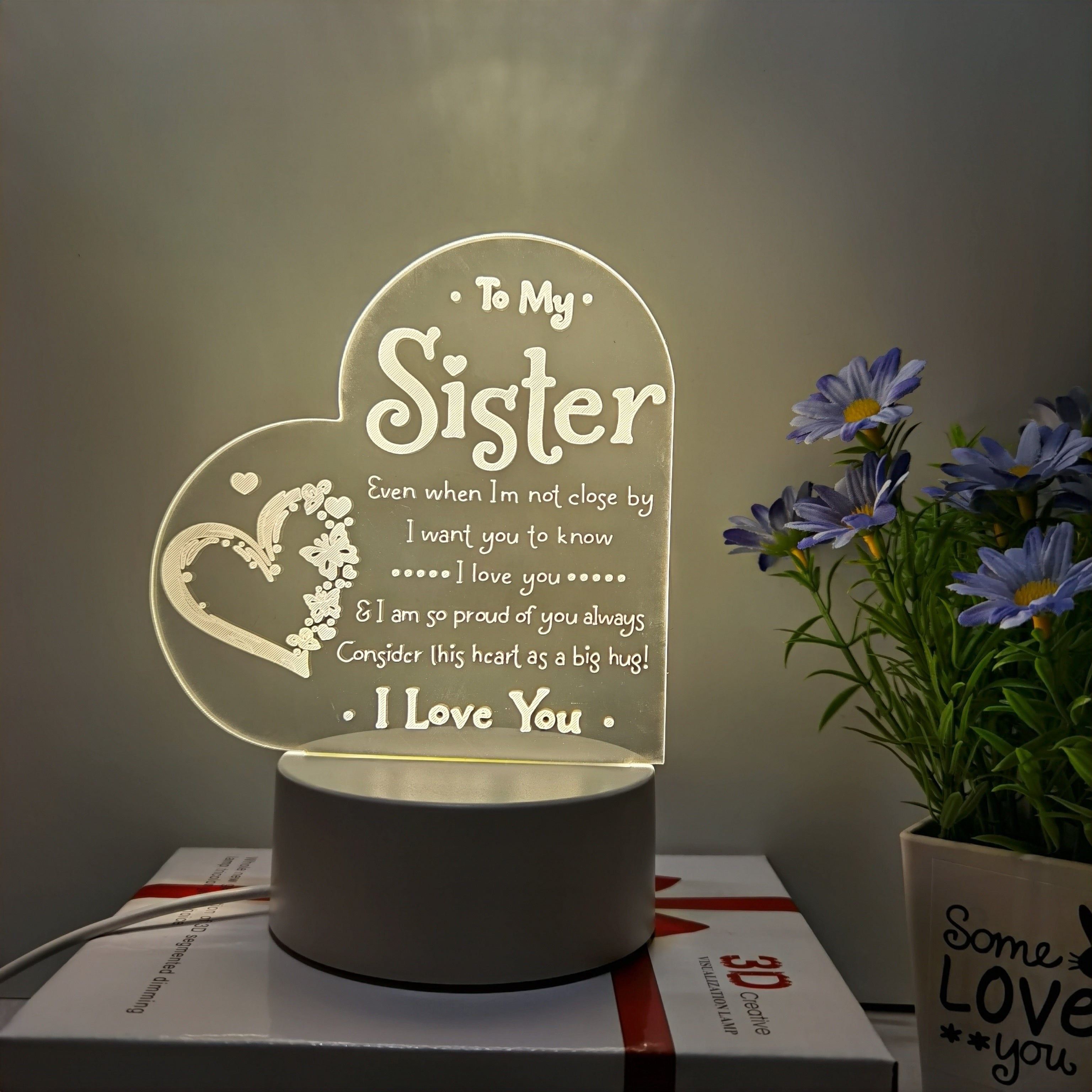 3D LED Night Light for Sister USB Powered Bedside Lamp Love Message Decoration Indoor Gift Black Beige