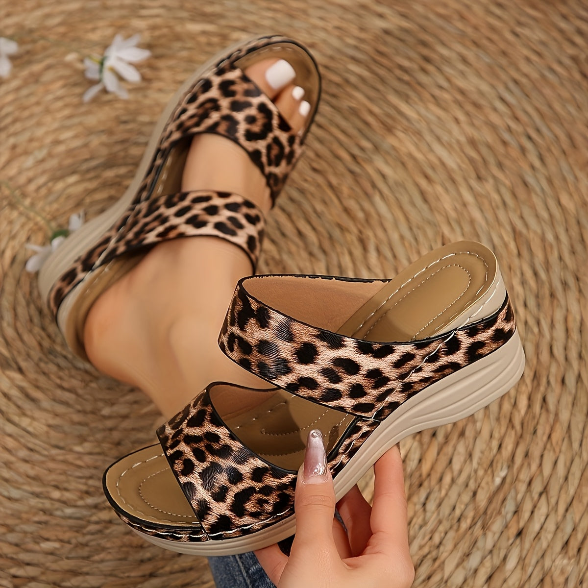 Women's Leopard Print Platform Sandals Open Toe Wedge Cushioned Insole