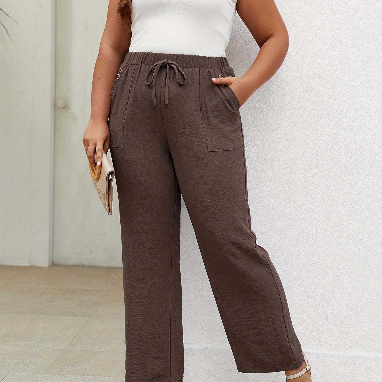 Women's Elastic Waist Straight Leg Flared Pants with Pockets and Button