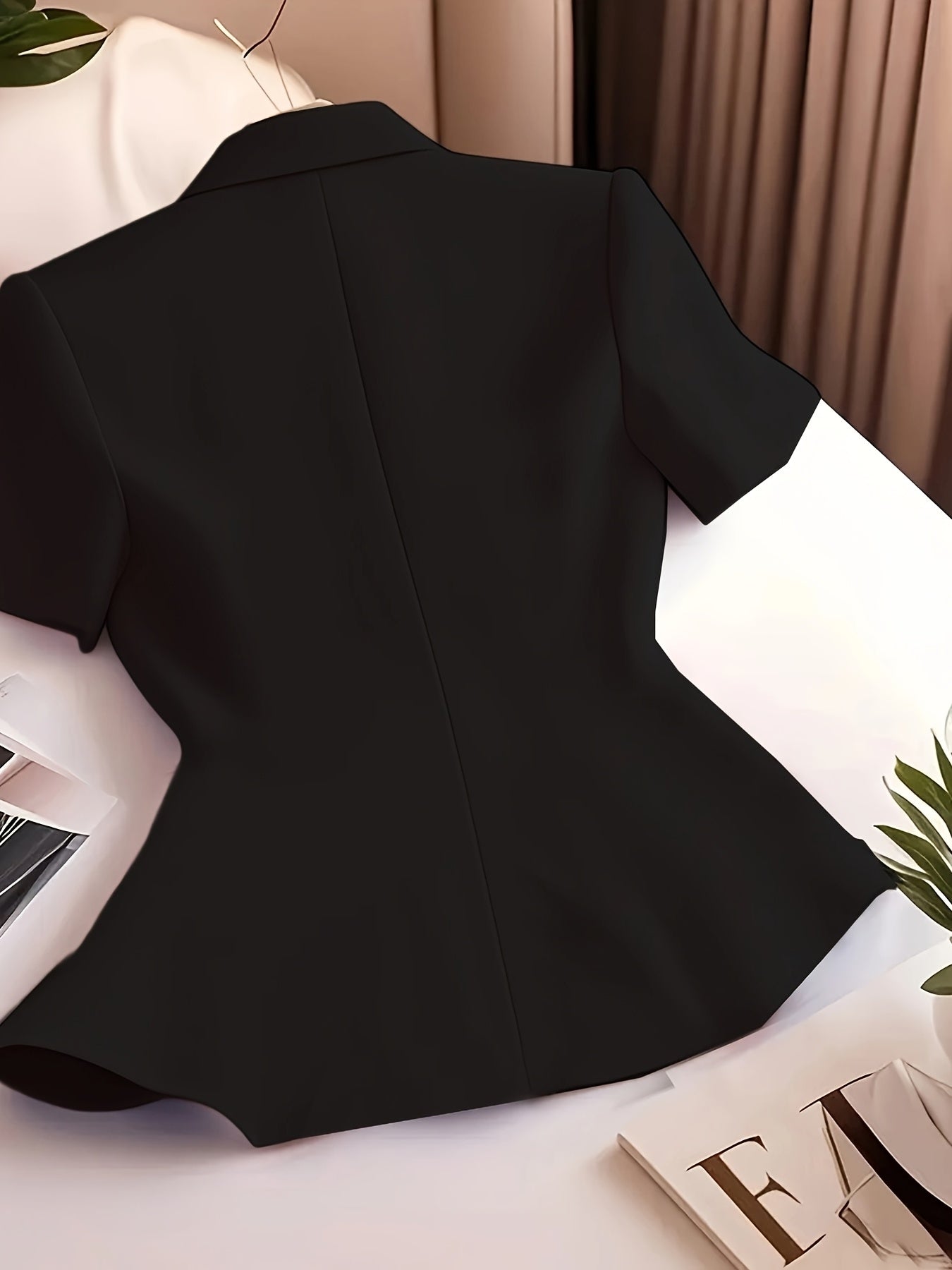 Pink Women's Blazer Short Sleeve Ruffled Hem Slimming Fit Office Casual Polyester