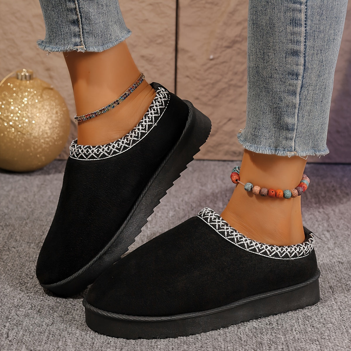 Women's Flannel Ankle Booties Casual Slip-on Round Toe Flat Heel Loafers