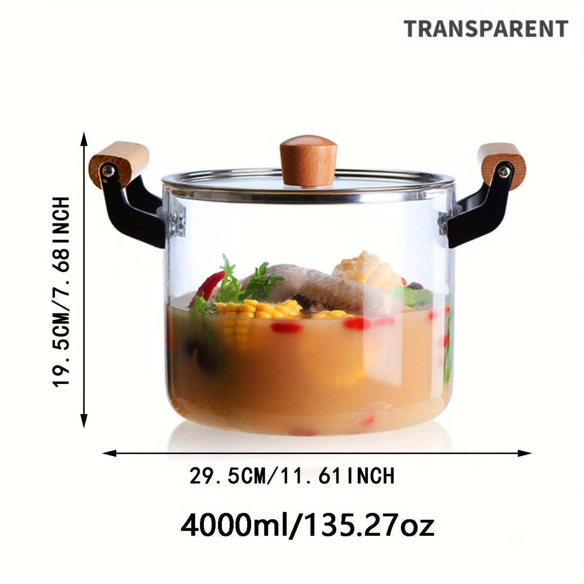 Glass Soup Pot with Lid and Wooden Handles for Cooking Pasta Soup and Juice
