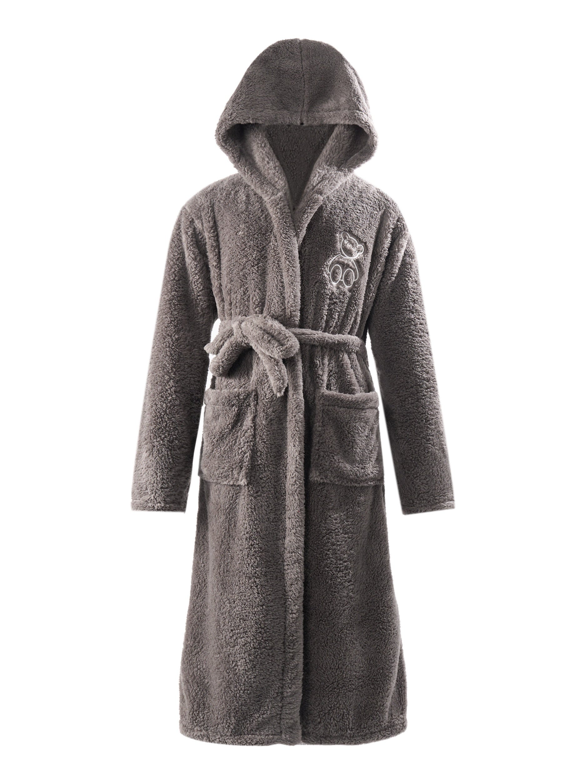 Men's Coral Fleece Hooded Robe Thick Warm Winter Pajamas with Front Tie Geometric Pattern