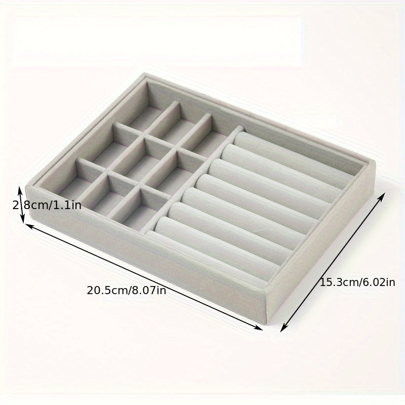 Grey Velvet Jewelry Storage Box with Drawer for Bracelets and Earrings