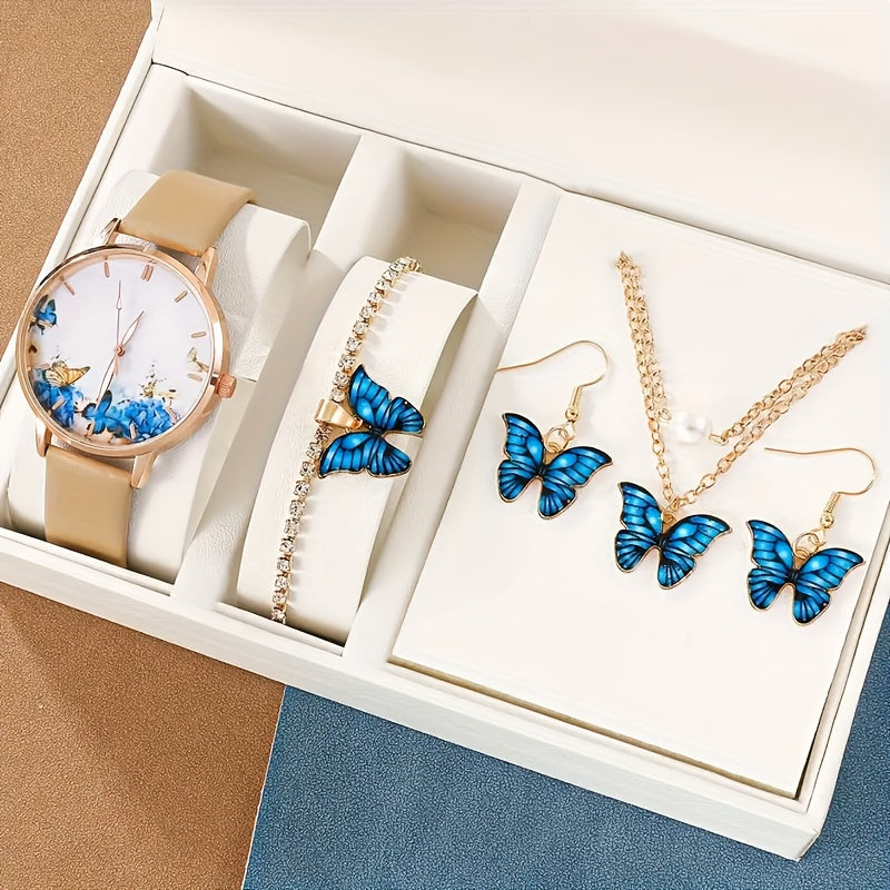 Set of 5 Blue Quartz Watches with Leather Strap Zinc Alloy Dial and Butterfly Jewelry