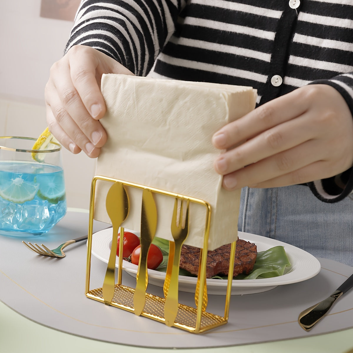 Square Metal Tissue Storage Rack with Fork and Spoon Holder for Dining Table