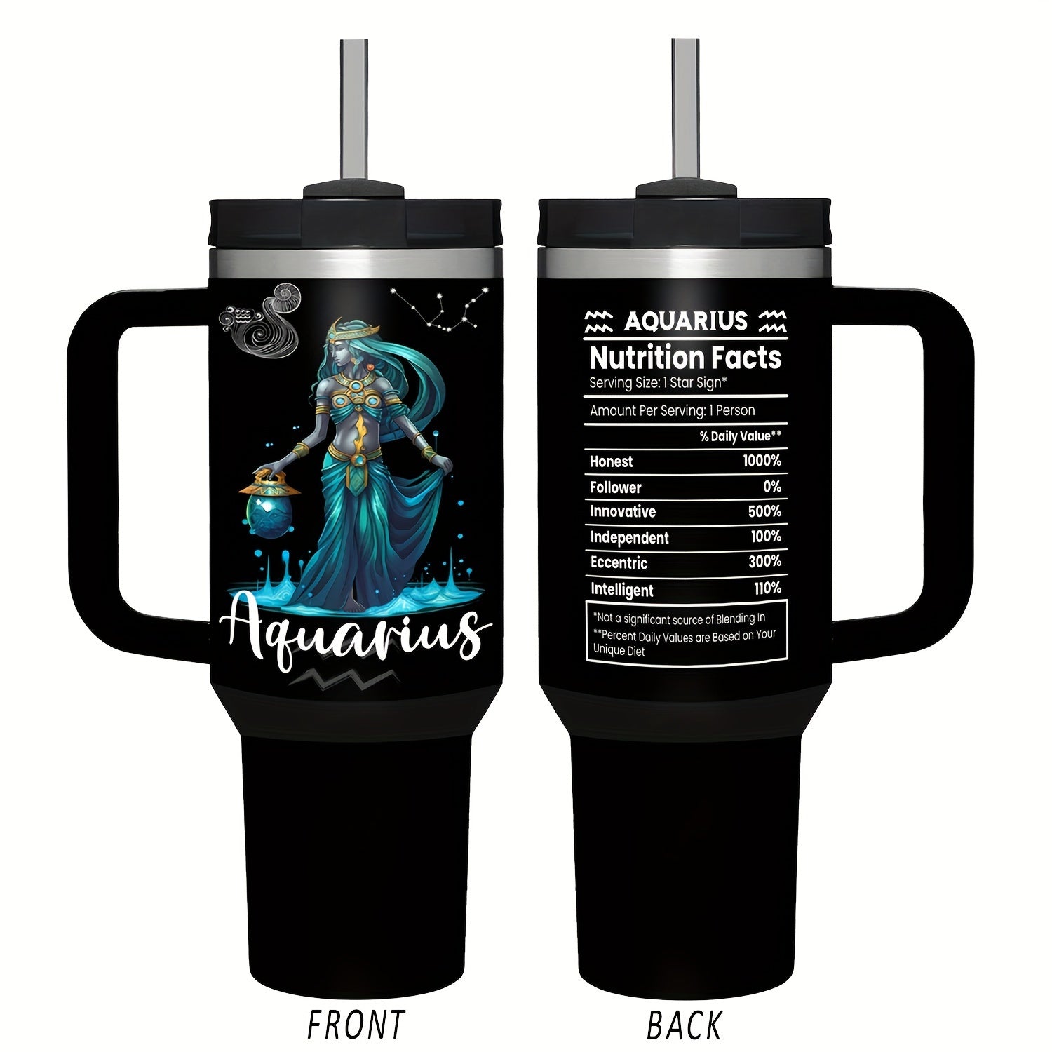 Vaso de acero inoxidable Zodiac de 40oz con asa y pajilla, a prueba de fugas, libre de BPA, taza de café de astrología para hombres y mujeres