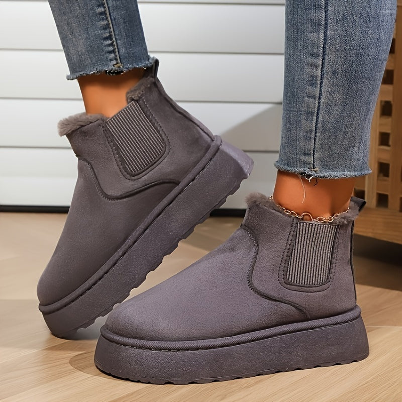 Women's Solid Color Platform Short Boots Casual Slip-On Plush Lined Shoes