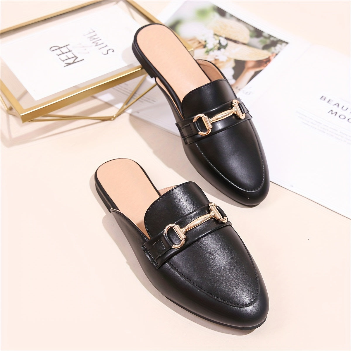 Women's Faux Leather Loafers with Metallic Accents Black Casual Flats
