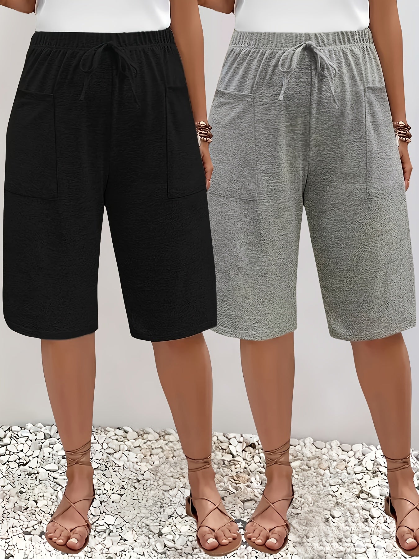 Pantalones casual de talla grande para mujer hasta el muslo con bolsillos, pack de 2, negro y gris
