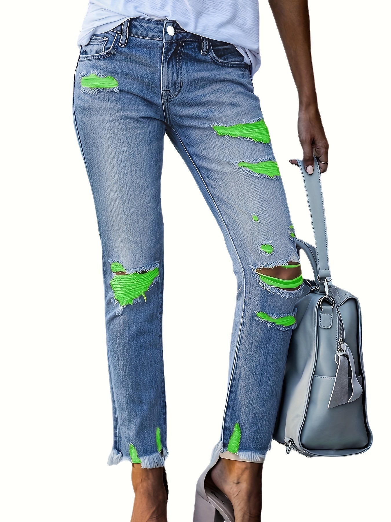 Jeans ajustados rotos de talla grande con dobladillo crudo y mezclilla de alto elasticidad