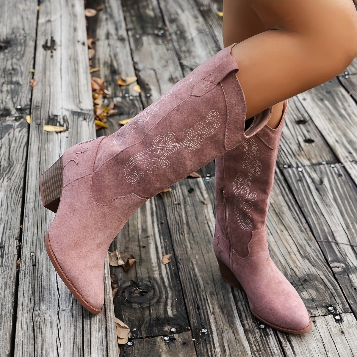 Women's Solid Color Embroidered Boots with Side Zipper Casual Chunky Heel