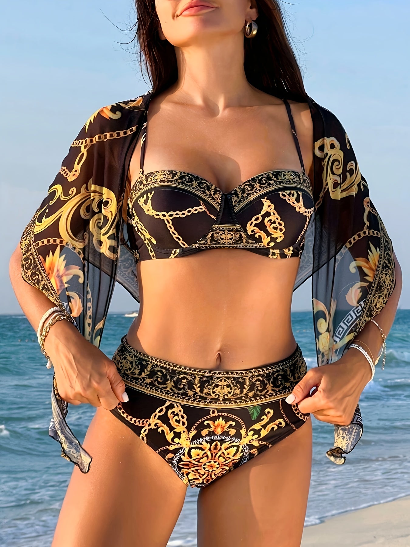 Boho Style Off the Shoulder Bikini Set with Geometric Pattern High Stretch Polyester Elastane for Women