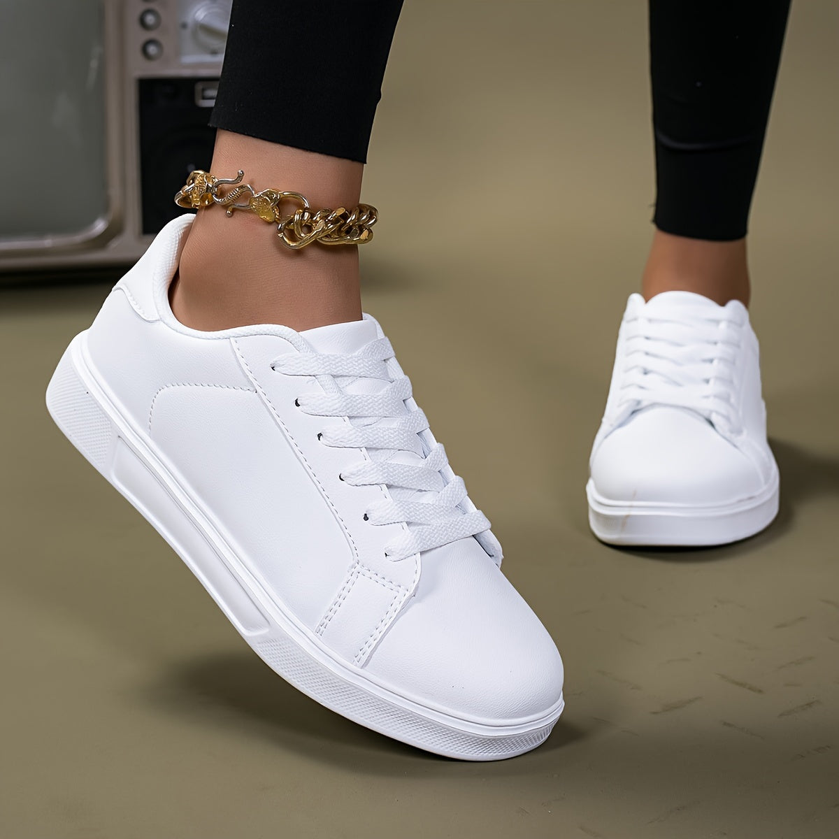 Women's White Breathable Flat Bottom Sneakers for Fitness and Casual Wear