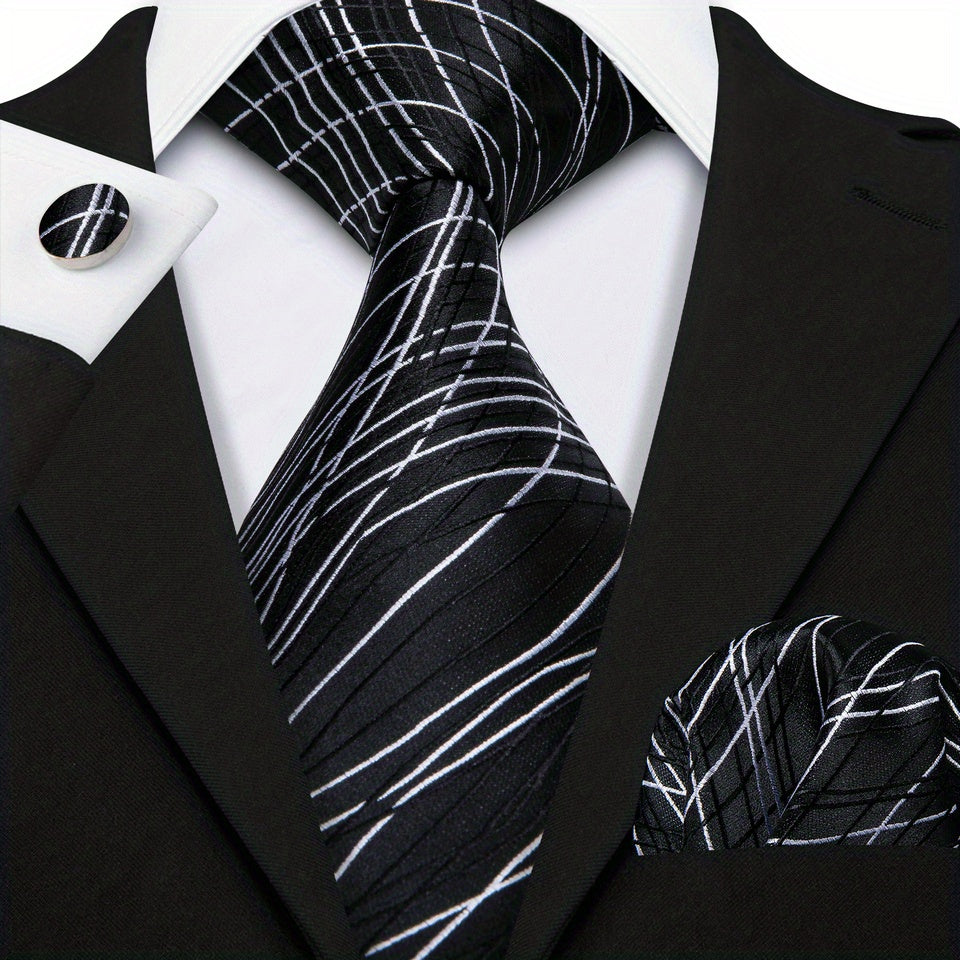 Perfect Gift: Matching Black Plaid Jacquard Tie, Cufflinks, and Pocket Square Towel Set for Parties, Weddings, and Proms