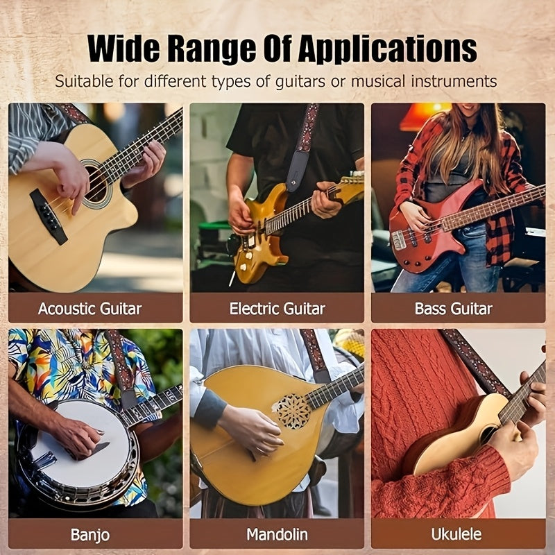 Vintage Blue Floral Embroidered Guitar Strap with Faux Leather Ends - Bass, Electric va Acoustic Gitarlari uchun mustahkam tasma