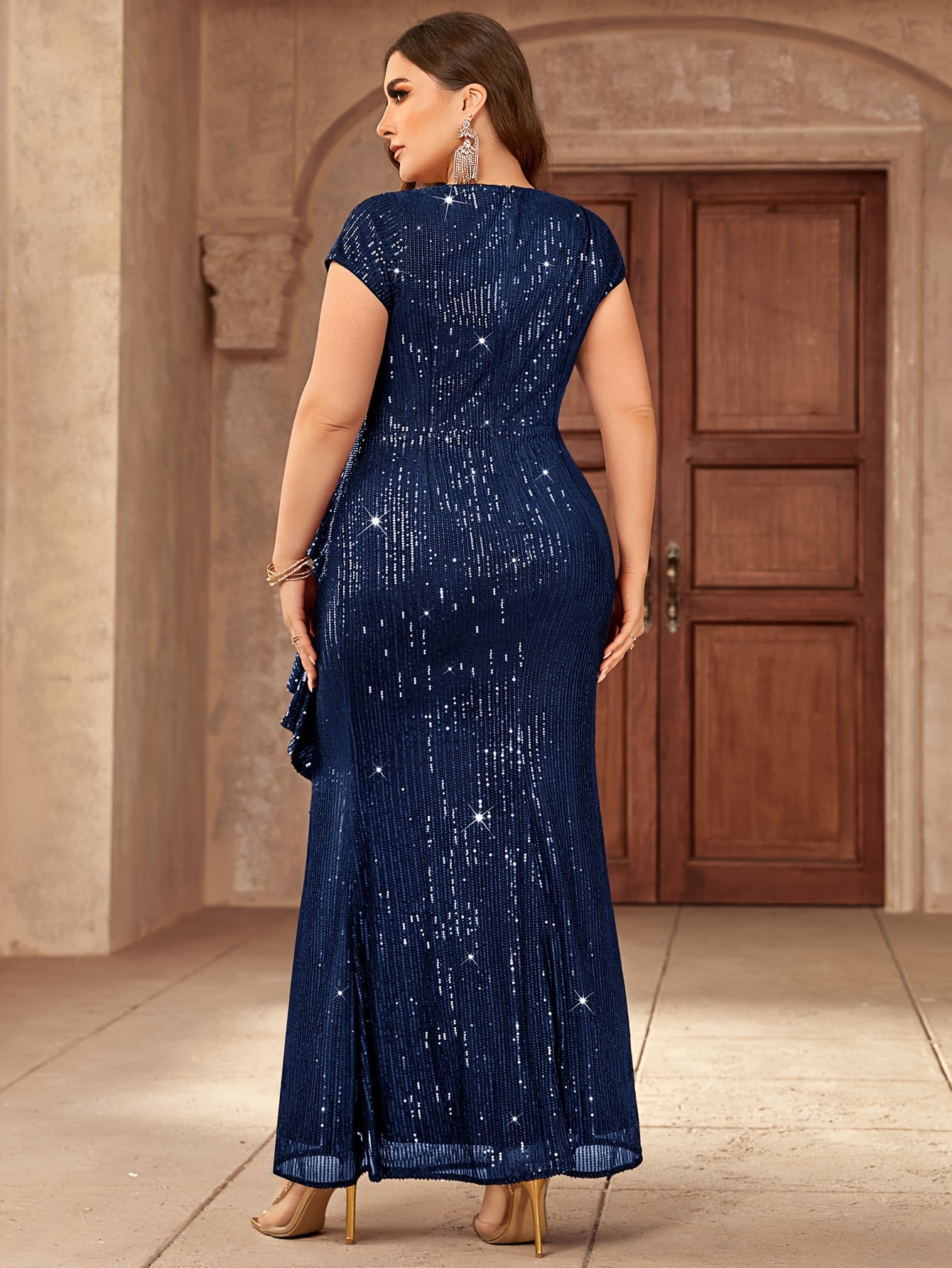 Women Sequin V-Neck Mermaid Gown with High Slit Ruffle Formal Dress