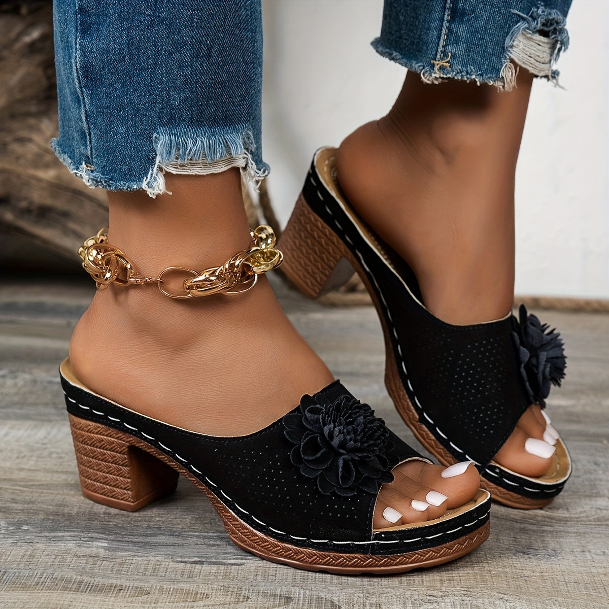 Women's Floral Embellished Mid-Heel Slide Sandals Open-Toe Beige Dressy Footwear