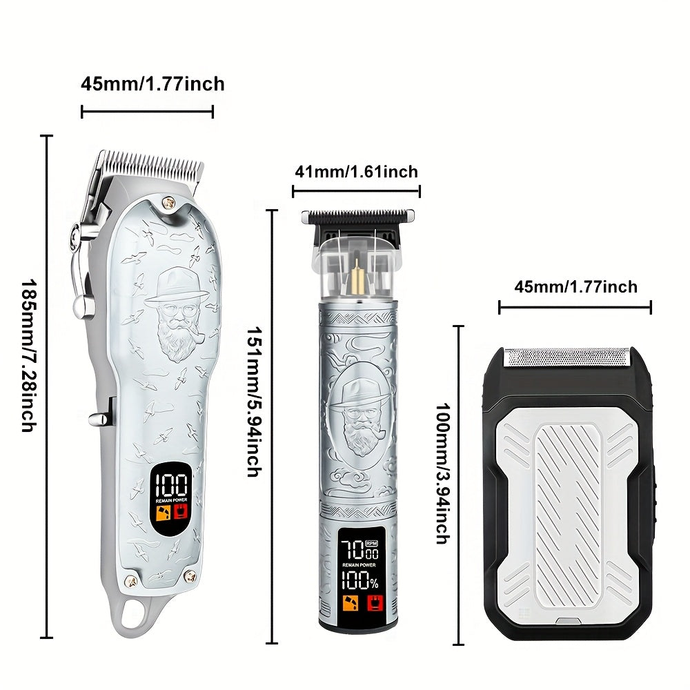 3pcs Professional Hair Clipper Set USB Rechargeable Electric Razor Beard Trimmer Digital Display includes Scissors Comb Cleaning Brush Wireless Men