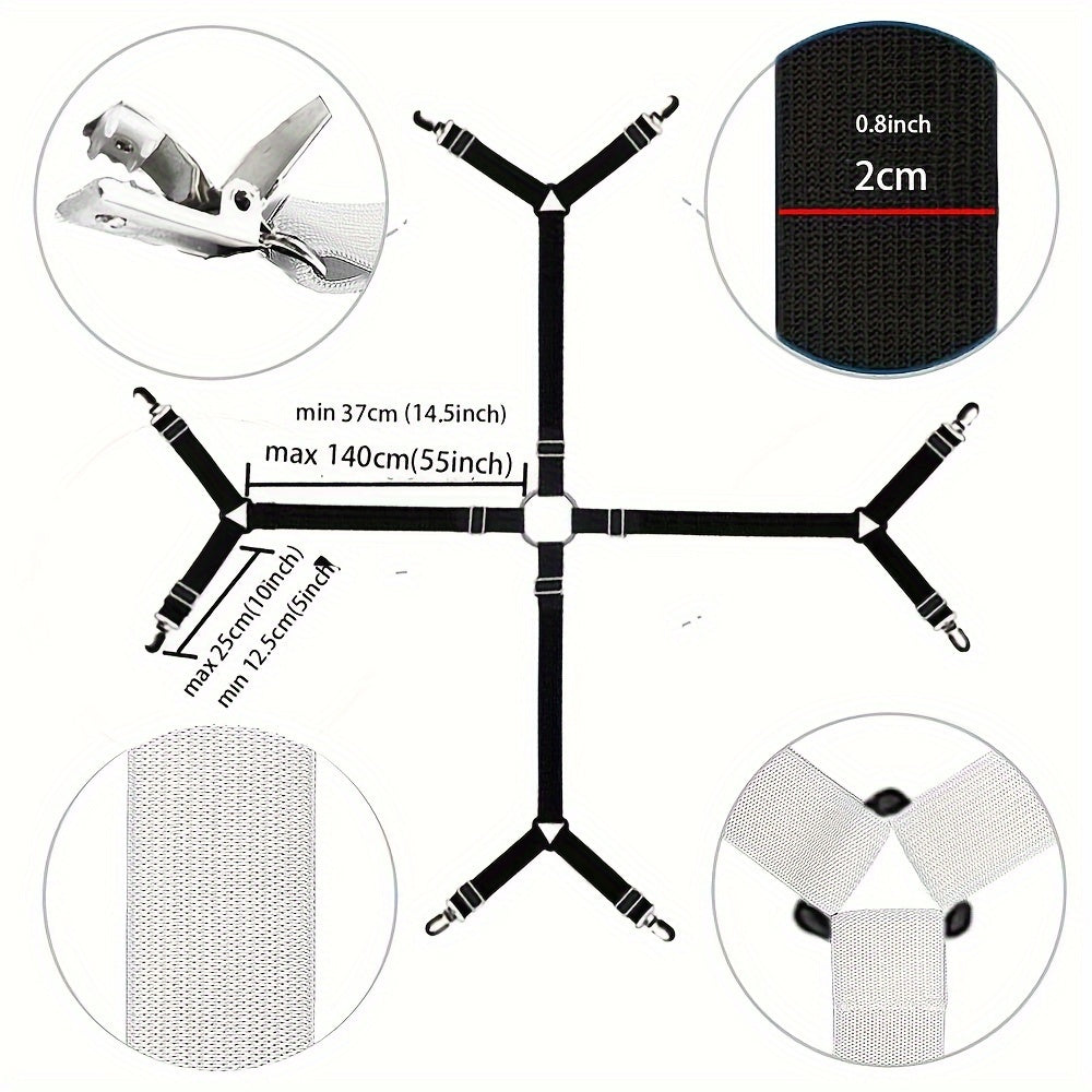 Adjustable Bed Sheet Suspenders 8-Clip Non-Textile Bed Sheet Holders Black White