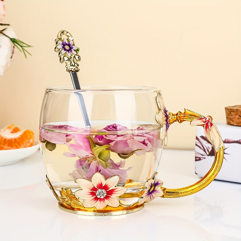 11.8oz Glass Tea Cup Set with Coaster and Spoon Elegant Flower Pattern for Coffee Water
