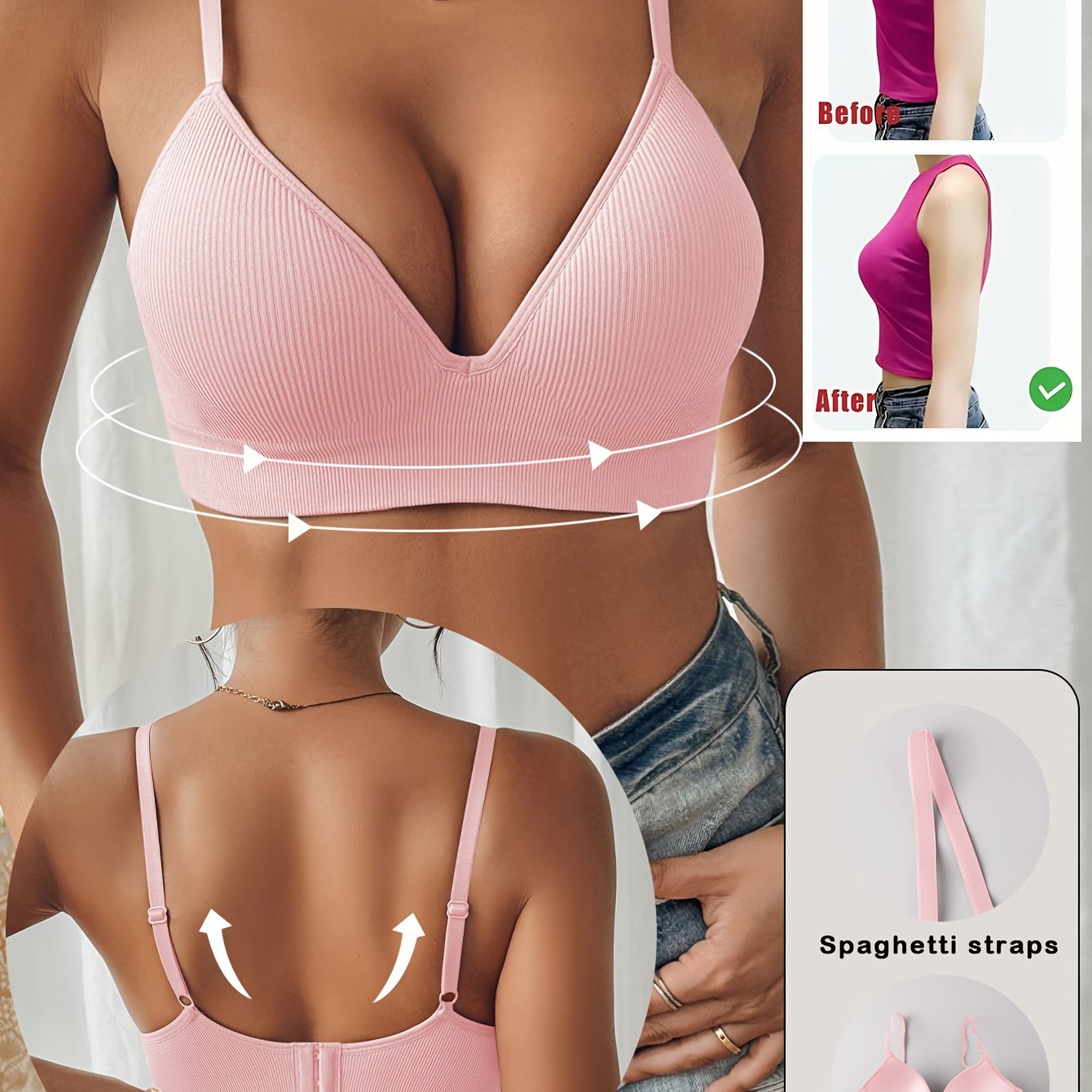 Pink Push-Up Bra with Ribbed Texture Adjustable Straps Fixed Pad No Underwire Vintage Style Nylon Elastane