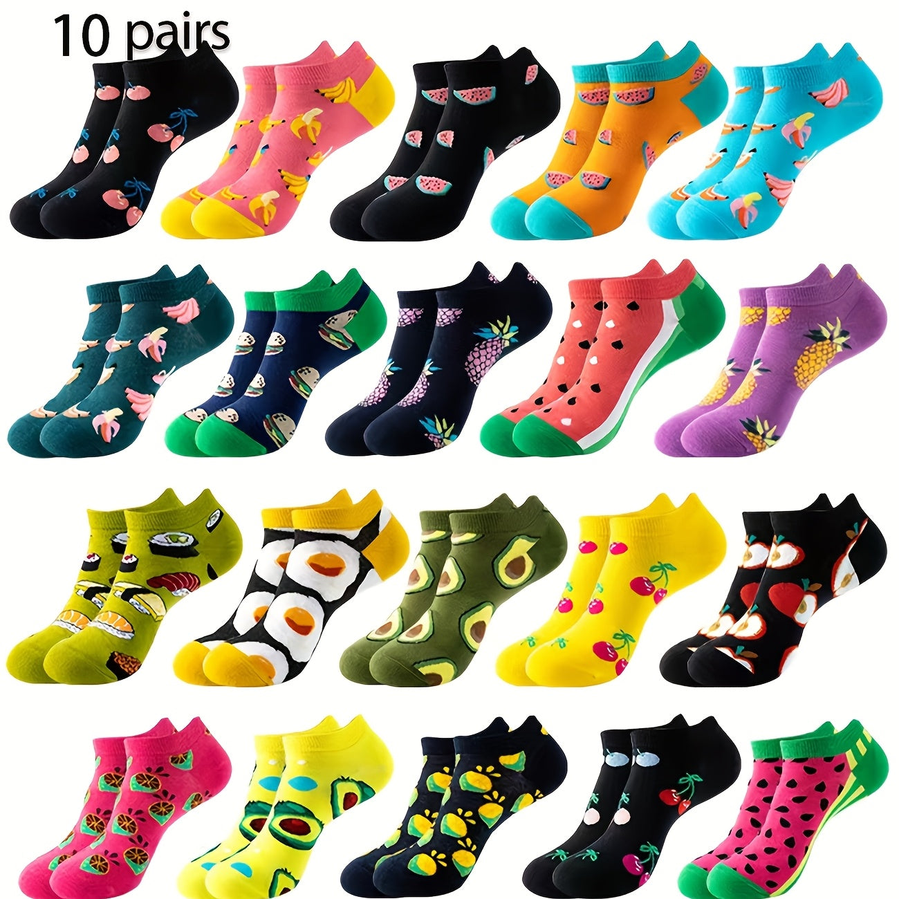 Knee-High Socks for Teens Avocado Burger Cartoon Pattern 10 or 20 Pairs All-Season