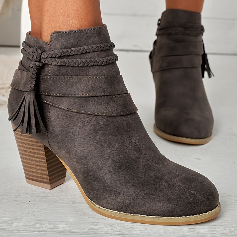 Women's Black Ankle Boots With Tassel Decor Chunky Heel Cold Weather