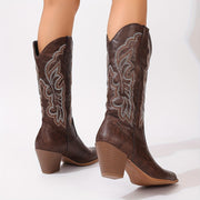 Women's Chunky Heel Western Boots Brown Leather Size 7 Stylish Footwear