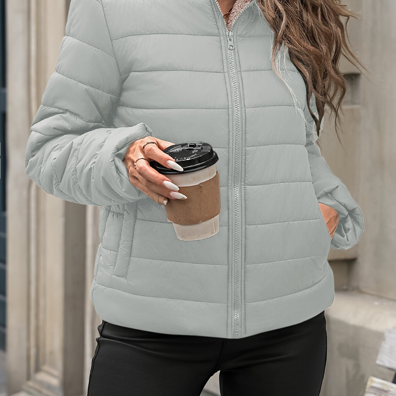 Women's Solid Color Nylon Warm Jacket with Long Sleeves and Zipper