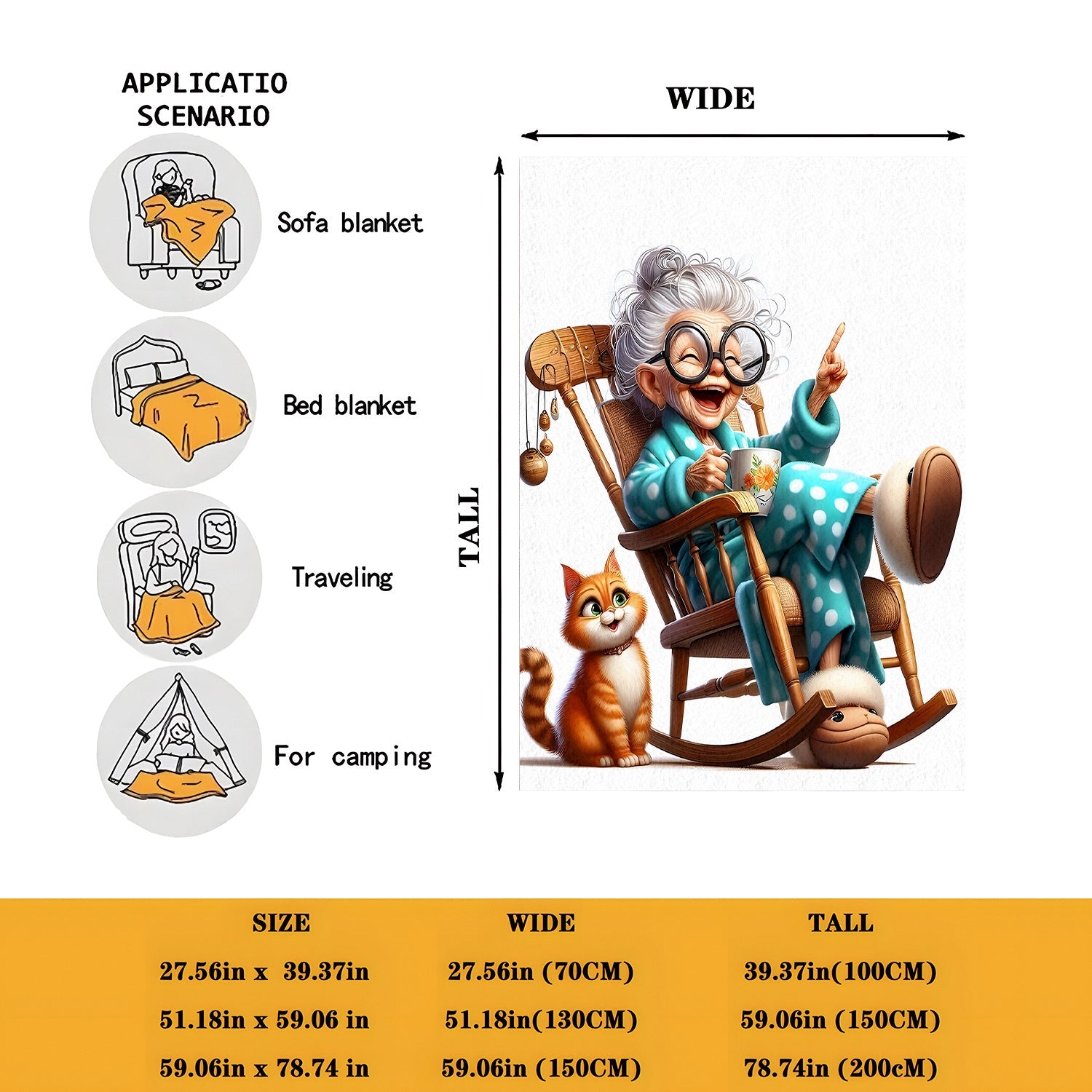 Senior Cozy Flannel Throw Blanket with Grandma and Cat Print All-Season Knitted Polyester