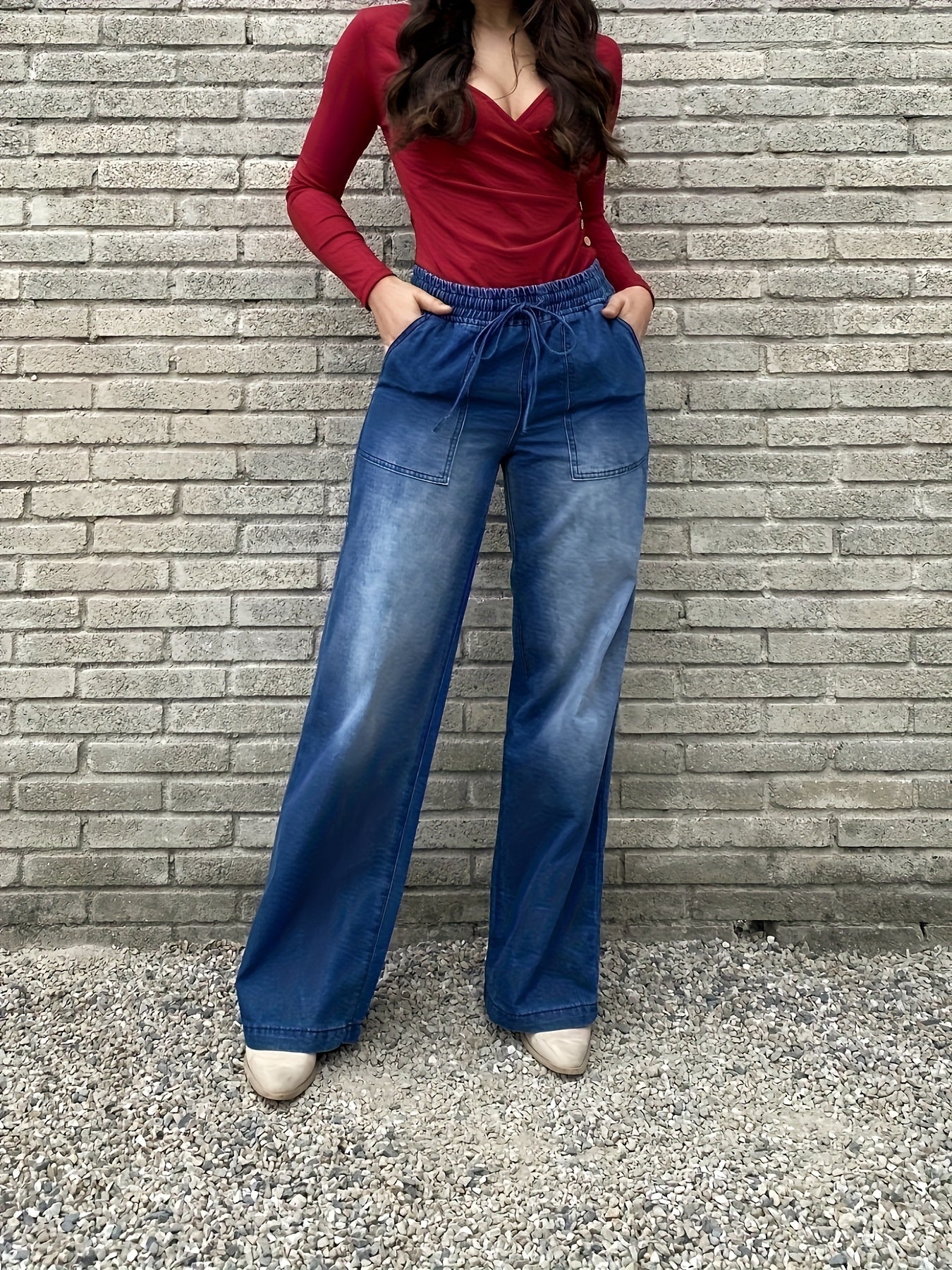 Women's Plus Size Blue Wide-Leg Jeans with Elastic Waist and Drawstring