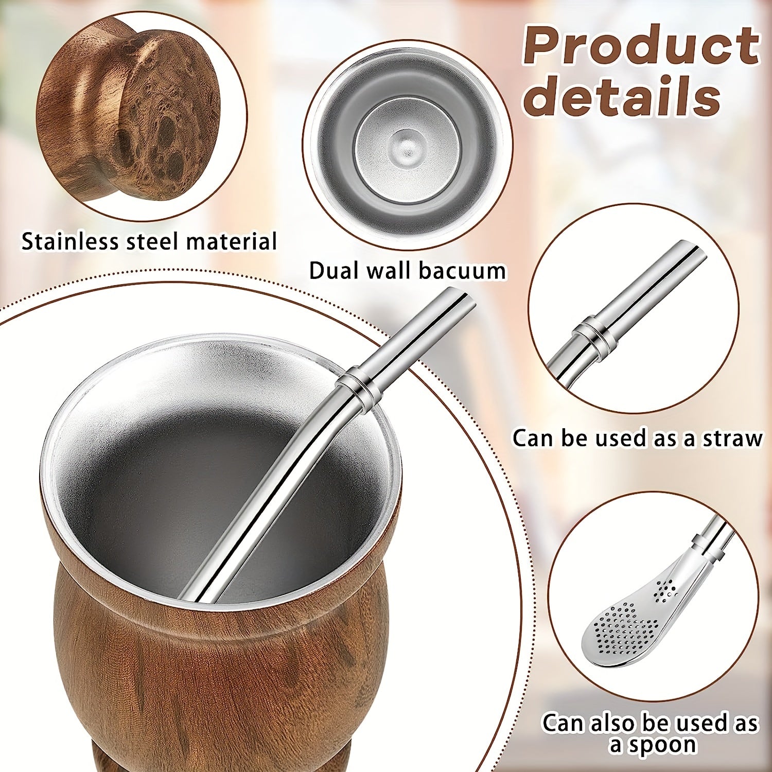 8oz Stainless Steel Yerba Mate Cup Set with Wooden Handle Double Walled Insulation